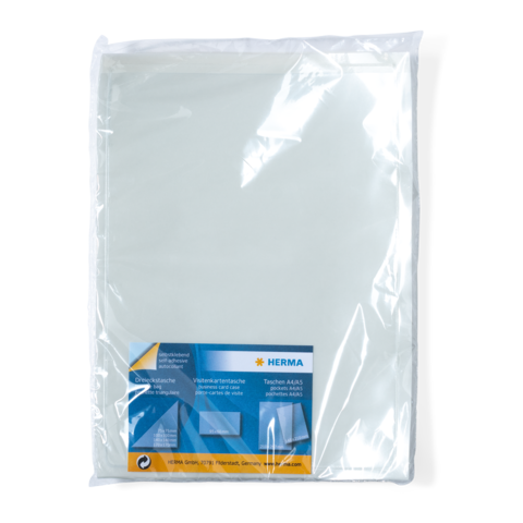 Transparente Taschen für Dokumente, verpackt in einer Kunststoffhülle. Hersteller: HERMA. Ideal zum Schutz und zur Aufbewahrung von Unterlagen.