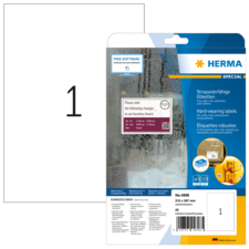 Etikettenpackung von HERMA mit strapazierfähigen Etiketten, Größe 210 x 297 mm, 25 Stück, inklusive Softwarehinweis.
