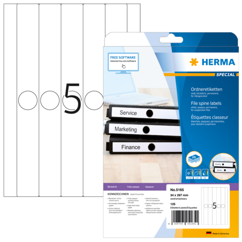 Ordneretiketten von Herma, geeignet für die Beschriftung von Aktenordnern. Enthält Etiketten für Service, Marketing und Finanzen.