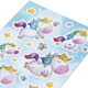 Bunte Einhorn-Aufkleber auf einem blauen Hintergrund, umgeben von Sternen und Schmetterlingen.