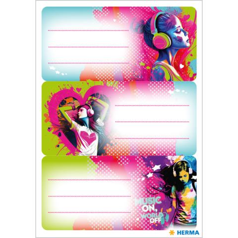 Colorful stickers with stylized women wearing headphones. There are areas for labeling. Slogans like 'MUSIC ON! WORLD OFF!' are visible." 

Translation: "Kleurige stickers met gestileerde vrouwen die koptelefoons dragen. Er zijn ruimtes om te labelen. Slogans zoals 'MUZIEK AAN! WEREL