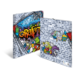 Graffiti-Design auf einem Ordner mit bunten, künstlerischen Motiven und einer Backsteinmauer als Hintergrund.