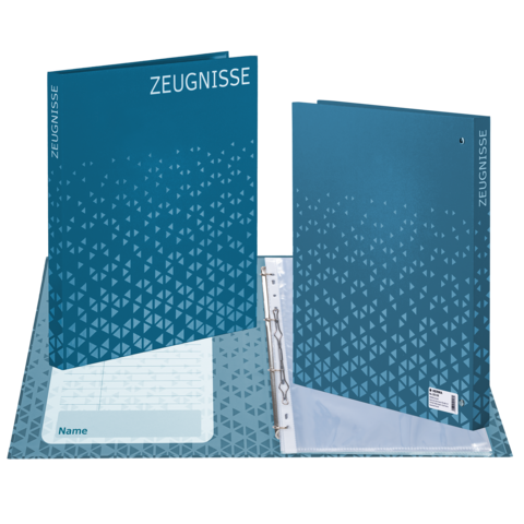 Een blauwe map met de titel 'GETUIGENISSEN', die open is en een doorzichtige hoes voor documenten toont.