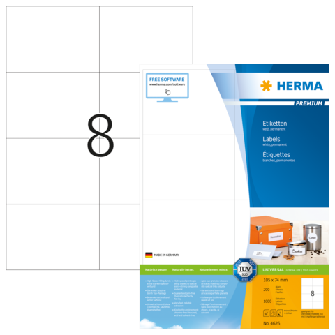 Etikettenblatt mit der Nummer 8, präsentiert von Herma, mit Informationen zu Größe und Verwendung.