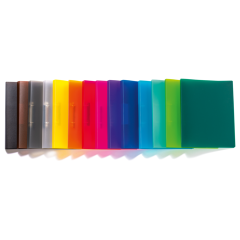 Bunte Ordner in verschiedenen Farben, angeordnet in einer Reihe, darunter Schwarz, Grau, Gelb, Pink, Blau und Grün.