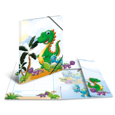 Bunt gestaltetes Notizbuch mit einem grünen Dinosaurier und zwei kleinen, farbigen Dinosauriern auf dem Cover und Innenseiten.