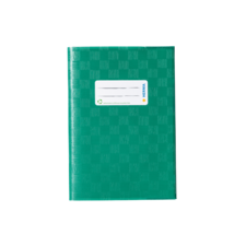 Grünes Notizbuch mit einer weißen Etikette, auf der "HERMA" steht. Das Cover hat ein strukturiertes Muster.