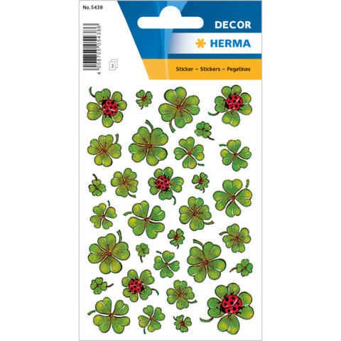 Aufkleber mit verschiedenen grünen Kleeblättern und Marienkäfern in unterschiedlichen Größen und Designs.