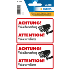 Aufkleber mit Warnhinweisen zur Videoüberwachung in Deutsch und Englisch, einschließlich eines Symbols einer Überwachungskamera.
