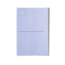 Eine leere, blaue Postkarte mit einem leeren Adressfeld und Linien für die Adresse auf der Rückseite.
