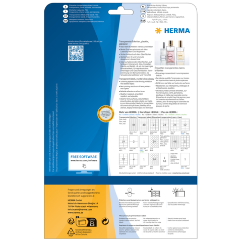 Rückseite einer Verpackung mit Informationen zu HERMA Produkten, QR-Code und Hinweisen zur kostenlosen Software.
