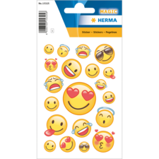 Bogen mit verschiedenen Emoji-Stickern, darunter lachende, weinende und verliebte Gesichter in gelber Farbe.