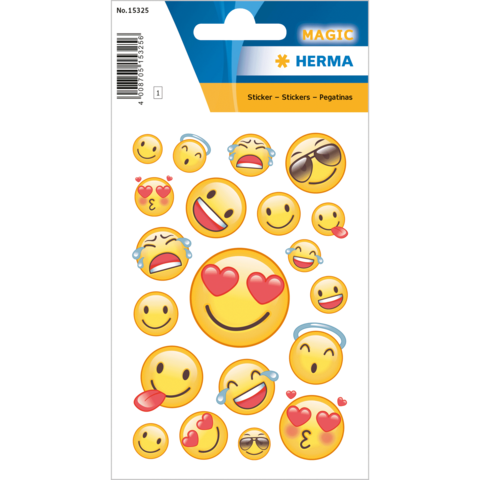 Bogen mit verschiedenen Emoji-Stickern, darunter lachende, weinende und verliebte Gesichter in gelber Farbe.