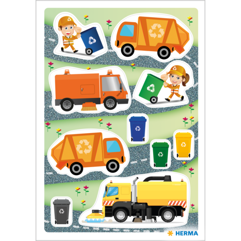 Aufkleber mit Recyclingfahrzeugen, Mülltonnen in verschiedenen Farben und einer Figur in Arbeitskleidung, die Müll einsammelt.