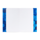 Ein offenes Notizbuch mit leeren Seiten, umgeben von einem blauen hexagonalen Muster.