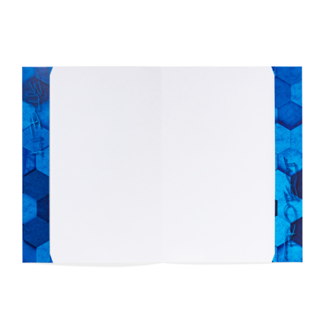 Ein offenes Notizbuch mit leeren Seiten, umgeben von einem blauen hexagonalen Muster.