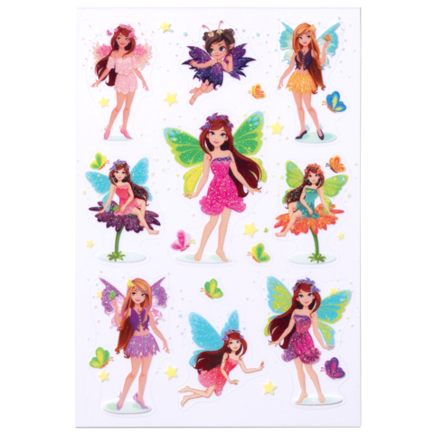Bunte Aufkleber von Feen in verschiedenen Posen und Outfits, umgeben von Schmetterlingen und Sternen.