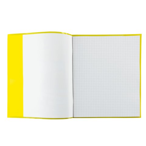 Ein offenes Notizbuch mit gelben Seiten und kariertem Papier auf der rechten Seite. Die linke Seite ist leer.