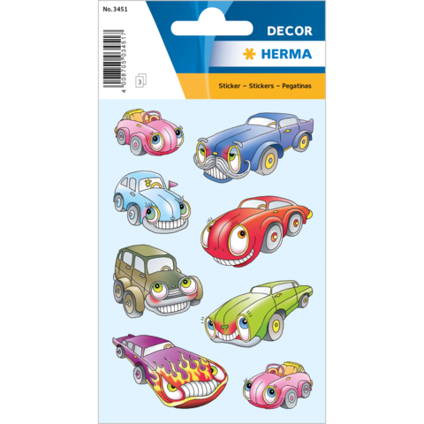 Bunte Aufkleber von cartoonhaften Autos in verschiedenen Farben und Designs, mit lächelnden Gesichtern und unterschiedlichen Stilen.