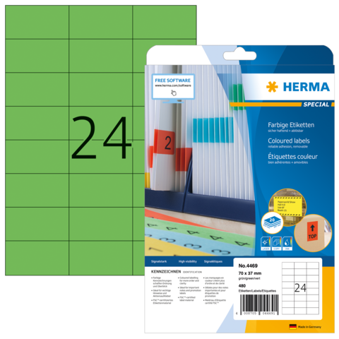 Grüne Etiketten mit der Nummer 24 und Verpackung von Herma, die farbige Etiketten für verschiedene Anwendungen zeigt.