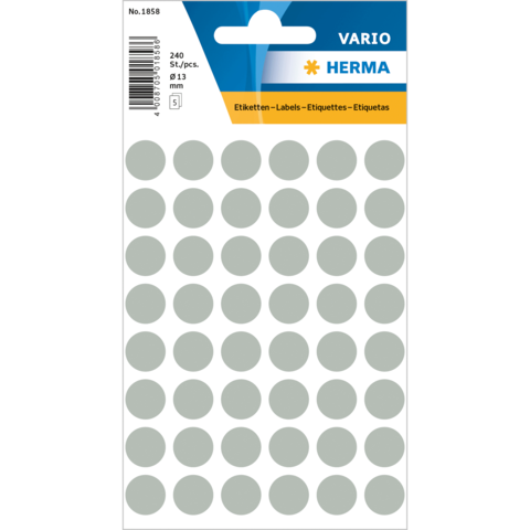 Ein Bogen mit 240 grauen runden Etiketten, Durchmesser 13 mm, verpackt in einer blauen und weißen Verpackung.
