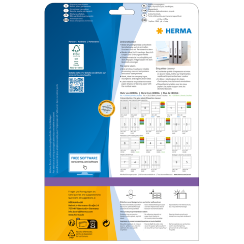 Rückseite einer Verpackung mit Informationen zu HERMA-Produkten, einschließlich Softwarehinweisen und Anwendungsbeispielen.