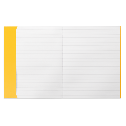 Offenes Notizbuch mit weißen, linierten Seiten und einem gelben Einband auf der linken Seite.