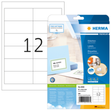 Etikettenpackung von Herma mit 300 Labels, Größe 97 x 42,3 mm. Auf der Vorderseite ist die Zahl 12 und ein Beispieletikett abgebildet.