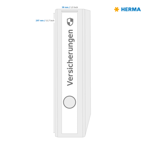 Ein Ordner mit der Aufschrift "Versicherungen", Maße 297 mm x 38 mm, mit einem Logo oben rechts.