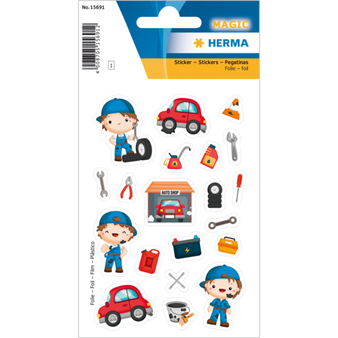 Aufkleber mit einem Mechaniker, Autos, Werkzeugen und einer Werkstatt. Enthält verschiedene Fahrzeug- und Reparatur-Illustrationen.