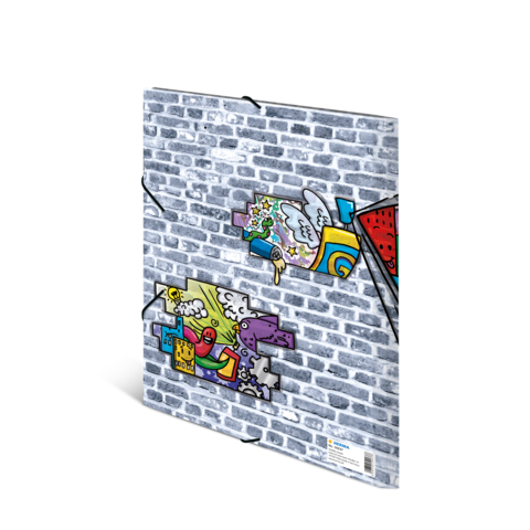 Bunte Graffiti-Kunst auf einer grauen Ziegelwand, mit verschiedenen Motiven und lebendigen Farben.