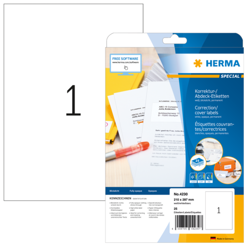 Packung mit Korrektur- und Abdecketiketten von Herma, inklusive 25 Etiketten in der Größe 210 x 297 mm.
