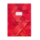 Rotes Heft mit hexagonalem Muster und einem großen, hervorgehobenen Buchstaben "X" auf der Vorderseite. Ein Etikett ist ebenfalls sichtbar.