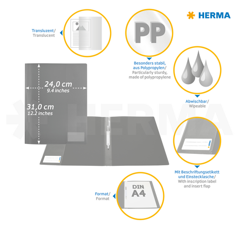 Transparante map van polypropyleen, afwasbaar, met labelveld en insteekvak, geschikt voor DIN A4-documenten.