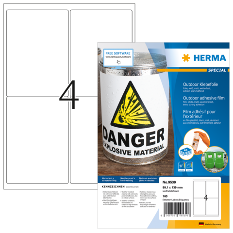 Aufkleberpackung mit Warnsymbol für explosive Materialien und der Aufschrift "Danger". Enthält Informationen zur Verwendung und Software.