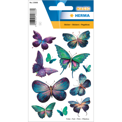 Bunte Schmetterlingsaufkleber in verschiedenen Größen und Designs, einschließlich grüner, blauer und lila Farbtöne.