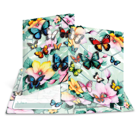 Kleurige vlinders en bloemen op een notitieblok en een map, die een vrolijk, bloemrijk ontwerp tonen.