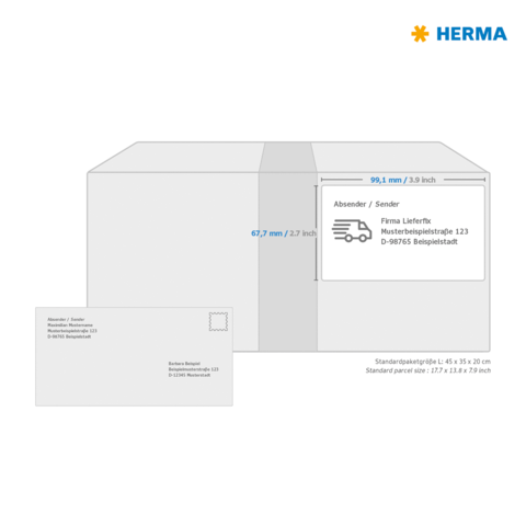Versandkarton mit Absender- und Empfängerinformationen, einschließlich Abmessungen und Beispieladresse. Rechts oben das Logo von HERMA.