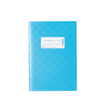 Blaues Notizbuch mit einer weißen Etikette auf der Vorderseite, die Platz für eine Beschriftung bietet.