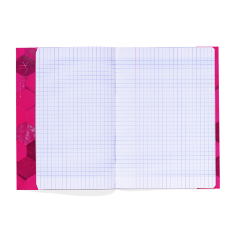 Ein offenes Notizbuch mit kariertem Papier und einem pinken Umschlag. Die Seiten sind leer und bereit zum Beschreiben oder Zeichnen.