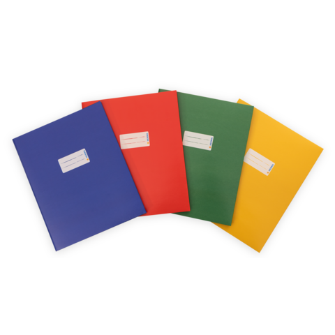 Bunte Ordner in Blau, Rot, Grün und Gelb, angeordnet mit Etiketten auf der Vorderseite.