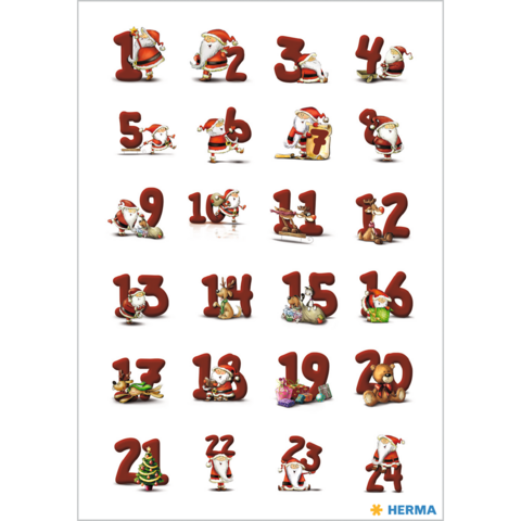 Adventskalender met nummers van 1 tot 24, elk nummer toont een kerstman of feestelijke motieven.