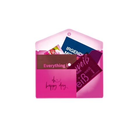 Eine pinke Mappe mit mehreren Karten und Notizen, darunter eine mit der Aufschrift „Everything I do“ und eine andere mit „Irgendwie mehr“.