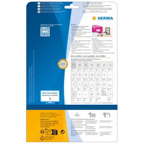 Verpackungsrückseite mit Informationen zu HERMA Produkten, einschließlich Anleitungen, QR-Code und Hinweisen zur kostenlosen Software.