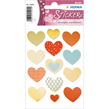 Bunte Herzaufkleber in verschiedenen Farben und Mustern, darunter rot, blau und gelb, mit goldener Prägung.
