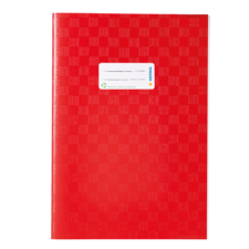 Rotes Notizbuch mit einem weißen Etikett auf der Vorderseite, das Platz für einen Namen und eine Beschreibung bietet.