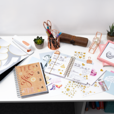 Ein Schreibtisch mit einem Notizbuch, Schreibutensilien, einer Pflanze, Büroklammern und verschiedenen Papieren.