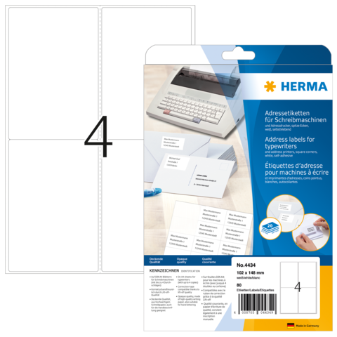 Adressetiketten für Schreibmaschinen, Packung mit 100 Etiketten, Größe 120 x 148 mm, von der Marke Herma.