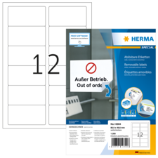 Blatt mit ablösbaren Etiketten, beschriftet mit "Außer Betrieb" und der Nummer 12. Verpackung von HERMA, enthält 1300 Etiketten.
