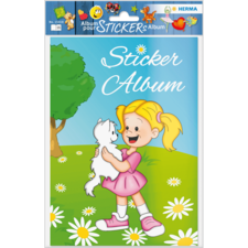 Ein Mädchen in einem rosa Kleid umarmt eine weiße Katze auf dem Cover eines Sticker-Albums mit bunten Illustrationen.